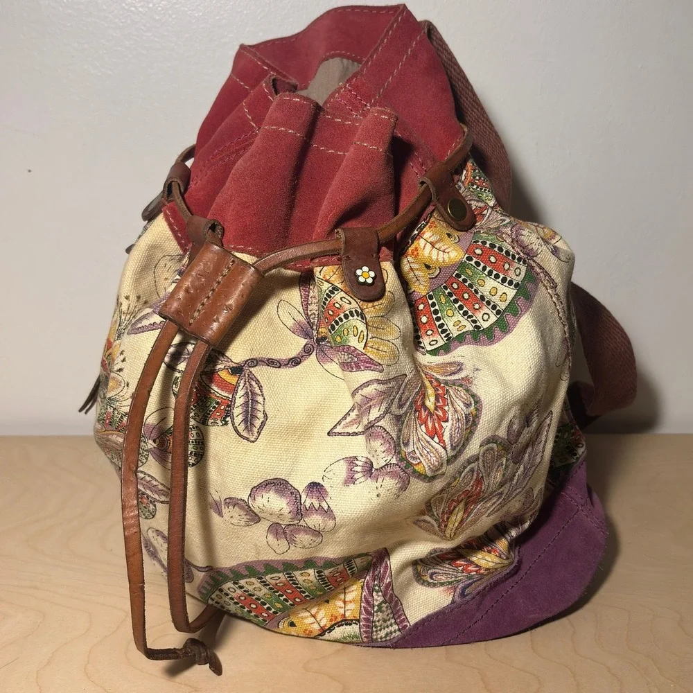 Lucky Brand Backpack Multicolor Floral Suede Canvas Drawstring Boho Skool Laptop